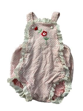 Vintage 80s Carter’s Baby Girl Bubble Romper red polka dot eyelet ruffle rose
